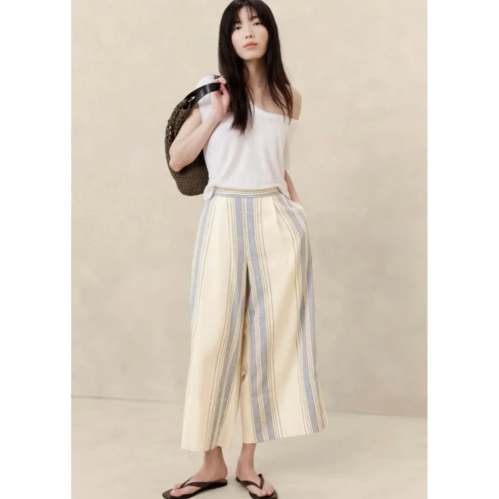 Banana Republic Linen Blend Striped Wide Leg Pants Blue Cream‎ High Rise Small